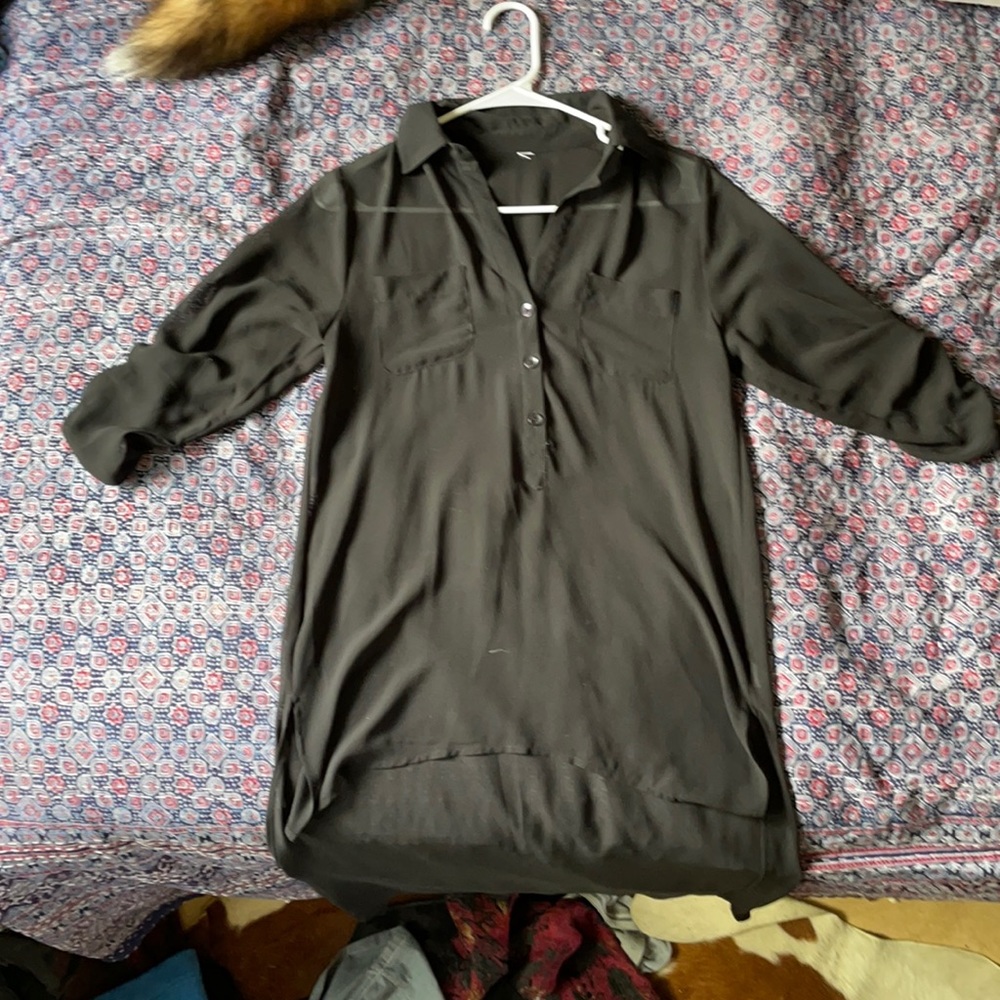 Ladies asymmetrical button down black top